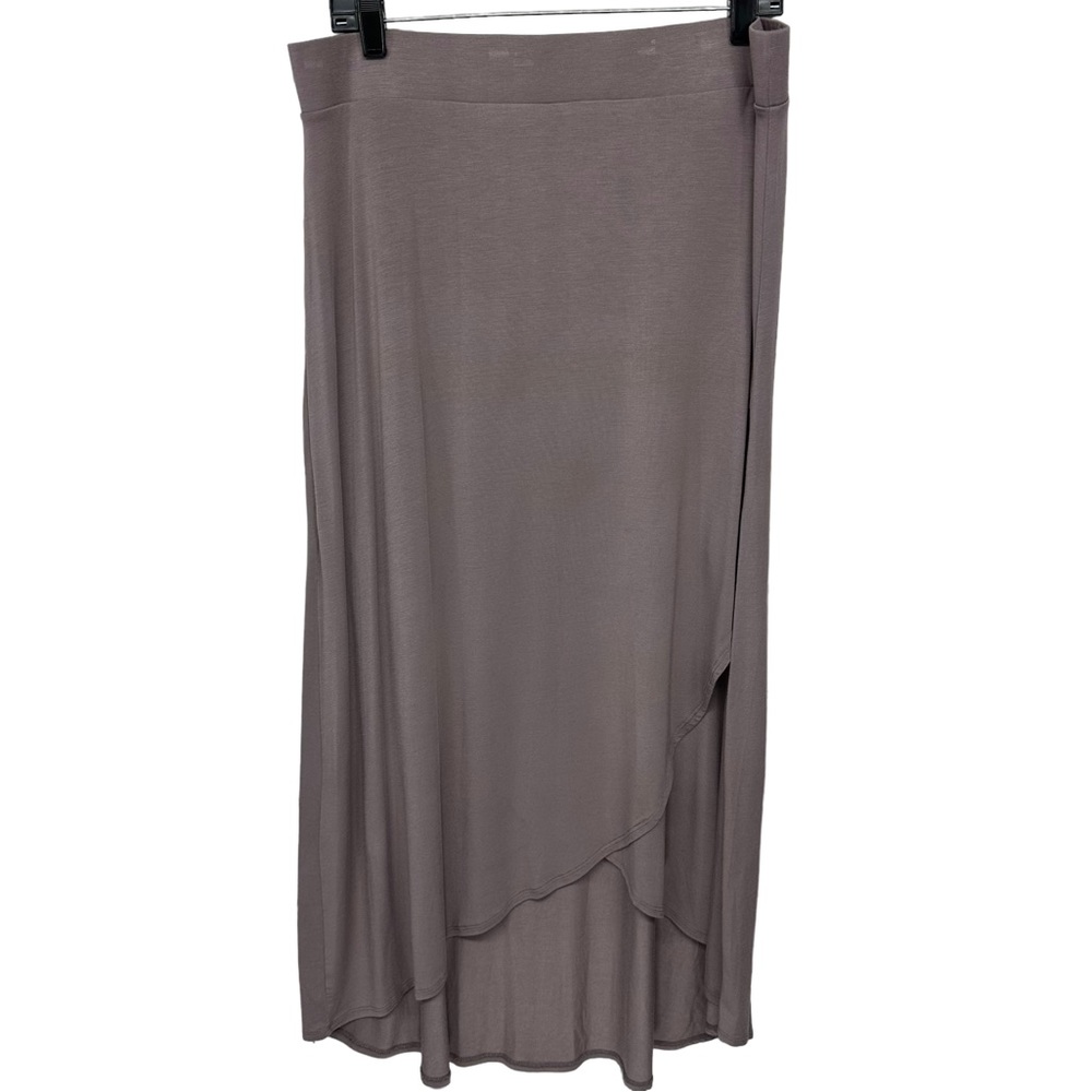 LOGO Maxi Skirt Sz L Asymmetrical Plum Stretch Waistband Tulip Hem Modal knit